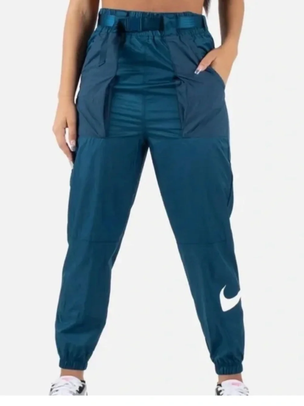 Nike Women's Teal and Dark Teal Track Joggers with White Swoosh